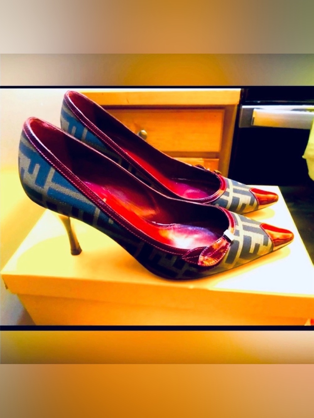 Fendi Monogram Pointed-Toe Heels in Burgundy and Gray